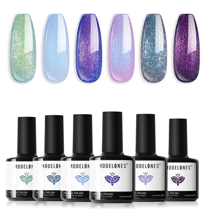 modelones Gel Nail Polish Set- 6 Colors 2026 Mothersday Chameleon Aurora Shimmer Glitter Gel Polish Kit Blue Green Purple Nail Gel Polish Soak Off LED Nail Lamp Nail Art Gel Kit DIY Salon Gift