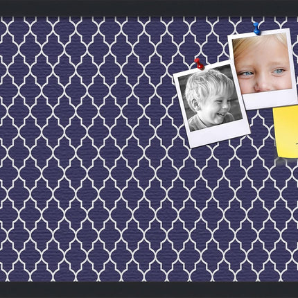 PinPix 24x16 Custom Cork Bulletin Board Quatrefoil Navy Poster Board with a Canvas Style Photo Board, Framed in Satin Black (PinPix-285)