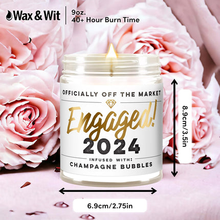 WAX & WIT 2024 Engagement Candles Gifts for Couples - Scented with Champagne Bubbles - Newly Engaged Couples, Bridal Shower, Bride to Be - 9oz, Soy Wax, 50 Hour Burn, Premium Candle