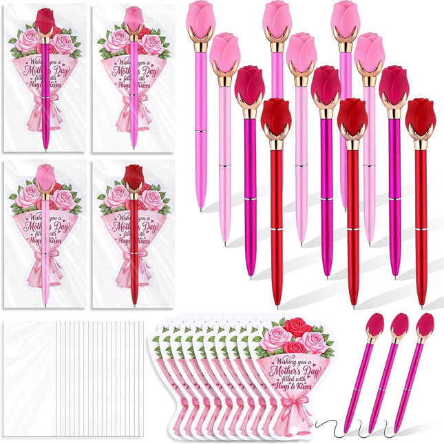 24 Sets Mother's Day Gifts Bulk, Rose Flower Ballpoint Pens with Mother's