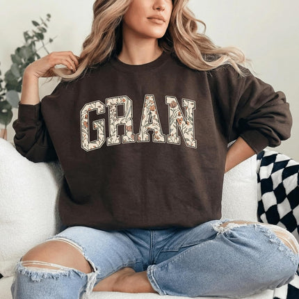 Daytee Women's Mama Grandma Auntie Sweatshirt - Botanical Floral Varsity Letter Crewneck - Dark Chocolate Brown Pullover
