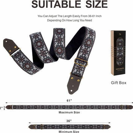Nefelibata Guitar Strap,Jacquard Embroidery Cotton Guitar Straps with Crazy Horse Leather Ends for Bass, Electric & Acoustic, Best Gifts for Kids, Guitarists(Brown flower embroidery)