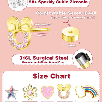 Hypoallergenic Earrings for Girls Toddler Kids, Cute Infant Baby Earrings Flatback Screw Back Earrings 14K Gold Plated Small Flower Pink Heart Star Mouse Rainbow Surgical Steel Stud Earrings Set
