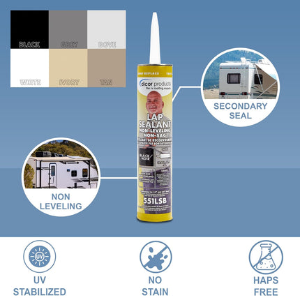 Dicor 551LSB-1 HAPS-Free NON-Leveling Lap Sealant - 10.3 Oz, Black, Secure, Ideal for RV Roofing, Maintenance, Repair, Appliance Application