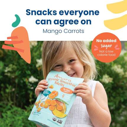 Amara Smoothie Melts - Mango Carrot - Baby Snacks Made With Fruits and Vegetables - Healthy Toddler Snacks For Your Kids Lunch Box - Organic Plant Based Yogurt Melts - 6 Resealable Bags