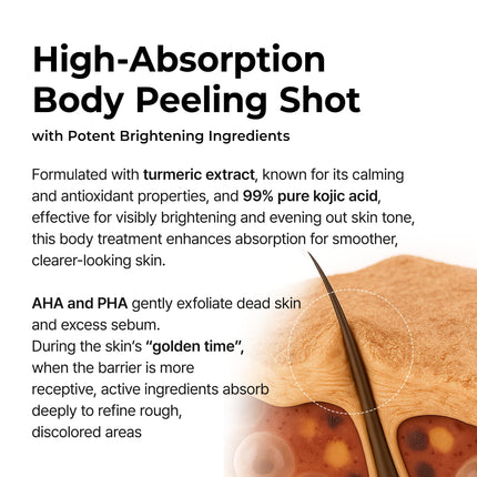 Peel Shot Kojic Acid Turmeric Body Exfoliator Spray 6.76 fl.oz - AHA PHA Niacinamide Body Scrub for KP Bumps, Dark Spots, Uneven Skin Tone, Dead Skin, Korean Skin Care