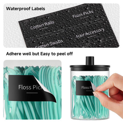 Dispensador de vidrio para hisopos de 10 oz, frasco transparente tipo botica, organizador para tocador de baño para hisopos, almohadillas, palillos de hilo dental y maquillaje (2 piezas, negro)