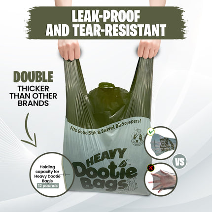 Heavy Dootie Bags with EZ Tie Handles. Clean and Convenient for Pet Dog Poop, Cat Litter. Multi-Use. Great for Swivel Bin and Scoopers. Made with Cornstarch. Strong, Leakproof and Very Large