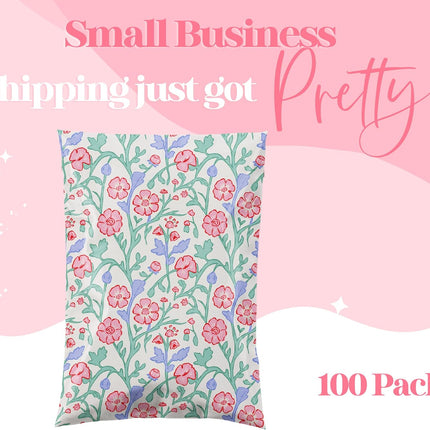 10x13 Designer Poly Mailer 100 Pack Heavy Duty Waterproof Self Seal Shipping Bags for Small Business Large Mailing Envelopes Bulk Tear Resistant Packaging Garden Party Spring Flowers