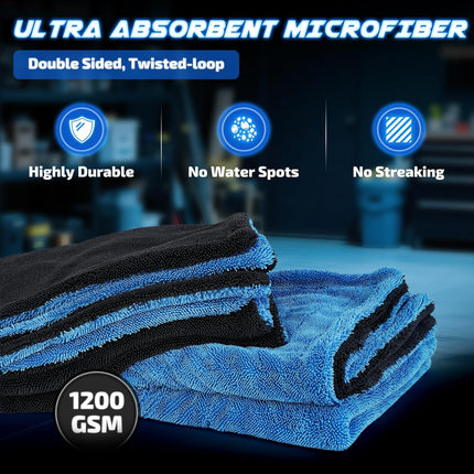SMINDER 2-Pack 1200 GSM Car Drying Towels – Microfiber Towels for Cars (36" x 24"), Ultra-Absorbent, Streak-Free, Scratch-Free, No Water Spots, Double-Twist Pile & Edgeless Design(Blue)