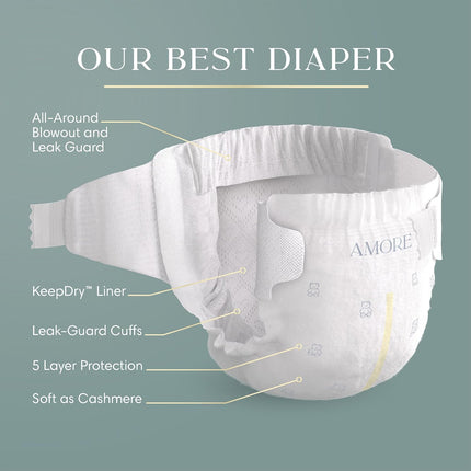 Pampers Amore, Size 4 (15-34 lbs), 108 Count, Our Best Diaper – Hypoallergenic & Fragrance Free, Up to 100% Leakproof, Soft as Cashmere