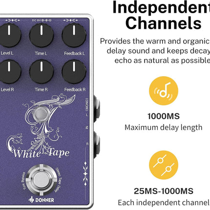 Donner White Tape Stereo Delay Pedal, Analog Delay with Echo Effect, True Bypass, 2 Independent Channels for Electric Guitar, Bass, Synth, Drum Machine