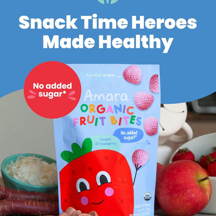 Amara Organic Fruit Bites Sweet Strawberry - No Added Sugar, Dairy-Free, Nut-Free Healthy Fruit Snacks, Made with Organic Whole Foods, Allergy-Friendly Healthy Fruit Snacks for Kids - 21g 6PK