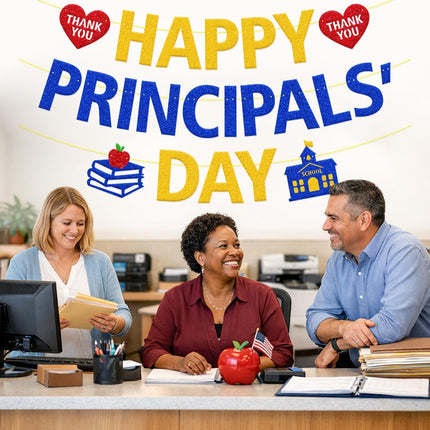 Happy Principals' Day Banner - We Appreciate You, School Principal Appreciation Decorations for Classroom, Hallway & Office Door, Blue Gold School Leadership Decor from Students, PTA & PTO