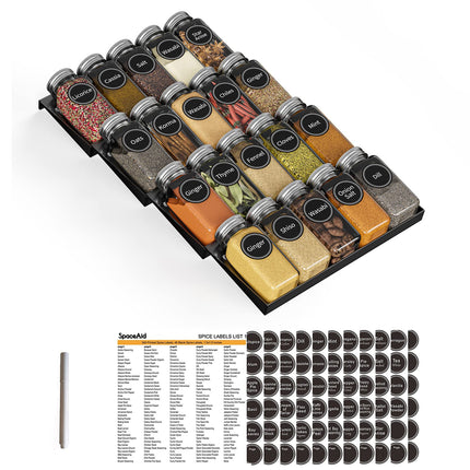 Spice Drawer Organizer with 28 Spice Jars, 386 Spice Labels, 4 Tier Seasoning Rack Tray Insert for Kitchen Drawers, 13" Wide x 17.5" Deep