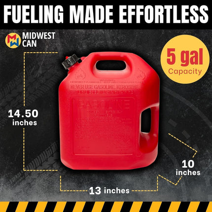 Midwest Can 5610 Safe-Flo Auto Shut Off 5 Gallon Gas Can – Durable Fuel Containers with FlameShield Safety System & Quick-Flow Spout - Red - 1 Pack