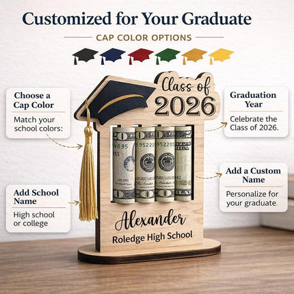 Personalized Graduation Gifts Class of 2026 Money Holder - Custom Name & School Graduation Money Gift Holder for Him Her, Senior Wooden Cash Display Standing Scroll Holder, Unique Graduate Keepsake