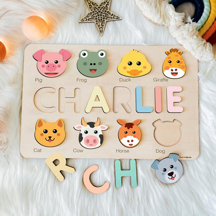 Zuzu Puzzle Personalized Name Puzzle for Toddlers 1-3 with Animals, Handmade Learning Toy, CPC Certified, Keepsake Nursery Decor, for 1st Birthday