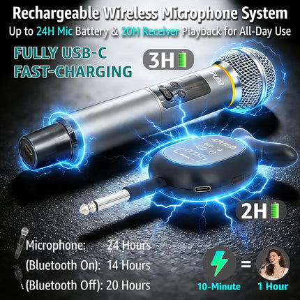 Wireless Microphone, All-Metal Wireless Microphones with RGB Light, Volume Control, 24H Rechargeable Battery, 200ft Range, Bluetooth Receiver with Wireless Mic for Karaoke, Singing, Speech