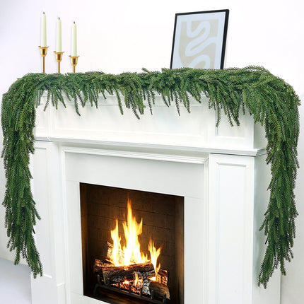 6Ft 2Pcs Artificial Norfolk Pine Garland, Real Touch Faux Greenery for Fireplace Mantel Staircase Wall, Christmas Hanging Indoor Outdoor Decor