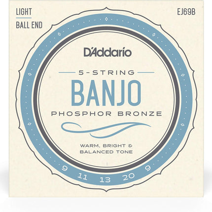 D'Addario Banjo Strings, Phosphor Bronze, EJ69B, Light Gauge 9-20, 5-String Set, Pack of 1