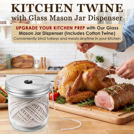 Dreyoo Kitchen Twine with Glass Mason Jar Dispenser, 2 Pack 216FT Cooking Twine, 2MM Natural Cotton Butcher Twines for Meat, Turkey, Roast & Kitchen Use, Center Pull Butcher Twines for Cooking (White)