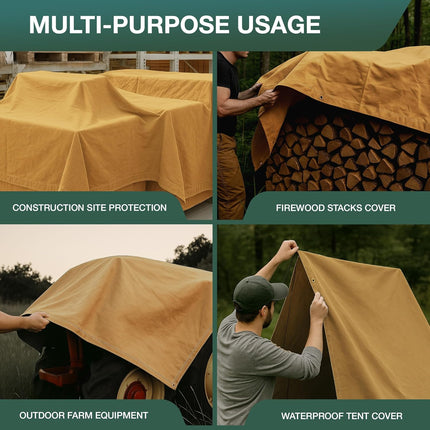 CCS Waterproof Canvas Tarp Cover – Heavy Duty Duck Cloth, Waxed Canvas Tarpaulin with Rustproof Brass Grommets for Camping, Construction, Equipment & Outdoor Use (Gold, 7x9 Ft)