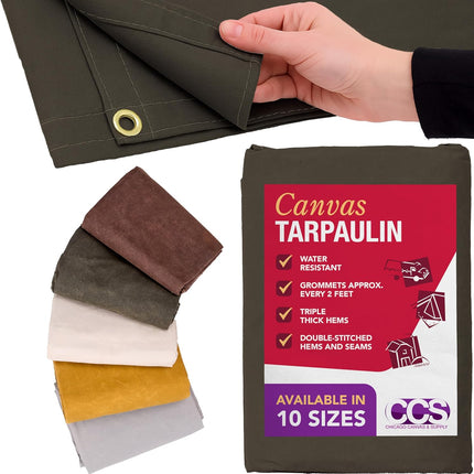CCS Waterproof Canvas Tarp Cover – Heavy Duty Duck Cloth, Waxed Canvas Tarpaulin with Rustproof Brass Grommets for Camping, Construction, Equipment & Outdoor Use (Olive Drab, 8x10 Ft)