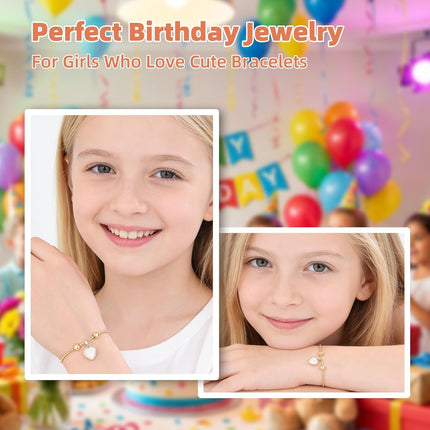 Birthday Gift Bracelet for Girls Age 4-13, 14K Gold Plated Heart Shell Bracelet, Adjustable Cute Jewelry for Daughter Granddaughter Niece, Meaningful Kids Birthday Jewelry Present