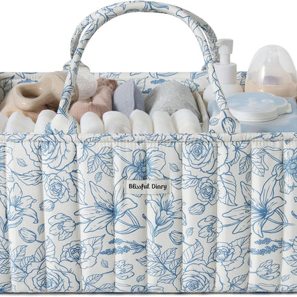 Blissful Diary Floral Diaper Caddy Organizer, Stylish Nursery Storage Basket, Gift for Baby Shower, Baby Registry Must Have, Newborn Essentials, Blue Floral