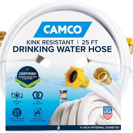 Camco TastePURE 25-Ft Water Hose - RV Drinking Water Hose Contains No Lead, No BPA & No Phthalate - Features Diamond-Hatch Reinforced PVC Design - 5/8” Inside Diameter, Made in the USA (22783)