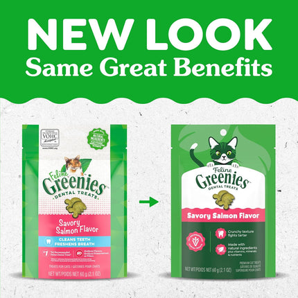 Greenies Cat Treats, Feline Veterinarian-Recommended Adult Natural Dental Cat Treats, Savory Salmon Flavor, 2.1 oz. Pouch