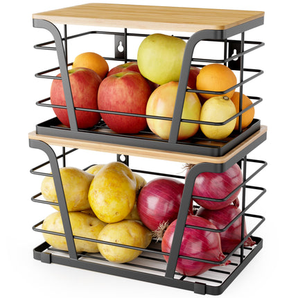 2 Pack Stackable Storage Laundry Kitchen Organizers, Wall Mount Trash Bag Holder with Bamboo Top and Garbage Bag Dispenser No Drill