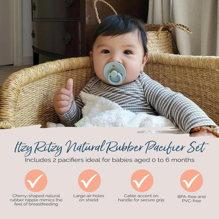 Itzy Ritzy Natural Rubber Newborn Pacifiers – Baby Pacifiers with Cherry-Shaped Nipple & Large Air Holes for Added Safety - Set of 2 Binkies in Coconut & Toast (Ages 0 – 6 Months)