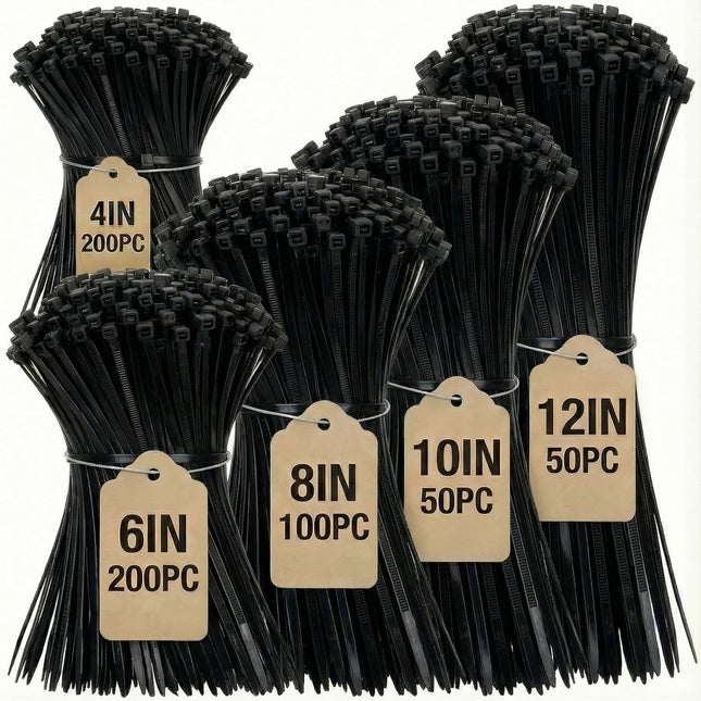 Black Zip Ties Assorted Sizes 4+6+8+10+12-Inch，600PCS Multi-Purpose