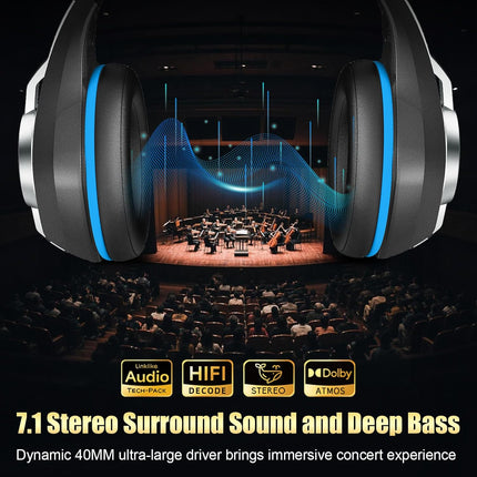 2.4GHz Wireless Gaming Headsets for PS5/PS4/PC/Switch/Xbox, RGB Noise Cancelling Over-Ear Headphones with 7.1 Surround Sound, 40mm Drivers, 276g Ultraligero, Memory Foam, 45H Gaming Headphones Black