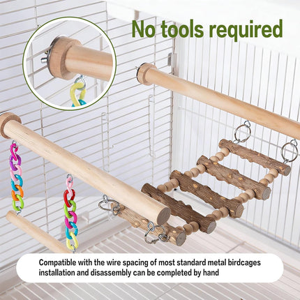Bird Perches Ladder with Swing, Natural Wood Parrot Climbing Bridge Perch Toys,Wood Climbing Ladder for Parakeet, Exercise Play Stand Parakeet Cage Accessories for Budgie Conure Lovebird Canary,B