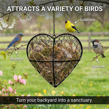 Handmade Alpaca Fiber Bird Nesting Heart - Refillable Bird Nesting Material Holder & Garden Decor - Alpaca Wool for Bird Nesting Dispenser & Nesting Material for Wild Birds Station (Black)