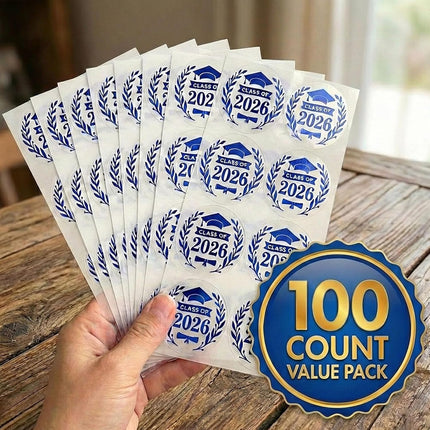 2026 Graduation Stickers Labels - Class of 2026 Blue Foil on Clear Vinyl - Waterproof Envelope Seals for Fabric Gowns Water Bottles - 100 Pcs 1.6" Round Decals High School College Decor
