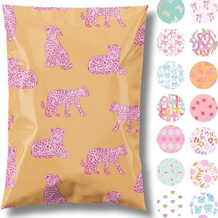 Pretty Package Store 14.5x19 Designer Poly Mailer 100 Pack Heavy Duty Waterproof Self Seal Shipping Bags for Small Business Large Mailing Envelopes Bulk Tear Resistant Packaging Pink Orange Leopard