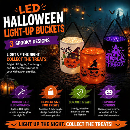 Halloween Trick or Bags with LED Lights 3 PACKS Light Up Buckets