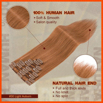 Benehair Clip on Hair Extensions Real Human Hair Auburn Hair Extensions Clip in Human Hair Long Straight Remy Natural Full Head 8pcs 20inch #30 Light Auburn