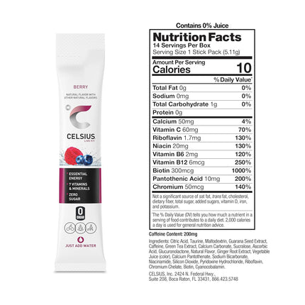 CELSIUS On-The-Go Powder Stick Packs, Zero Sugar (14 Sticks per Pack), Berry, 2.5 Ounce