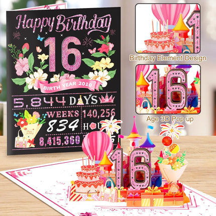 Sweet 16th Birthday Card for Girls Daughter,3D Pop Up Sweet 16th Birthday Cards for Granddaughter Sister,16th Birthday Decorations for 16 Year Old Girl Daughter Funny Birthday Gifts,Rose Glod In 2010