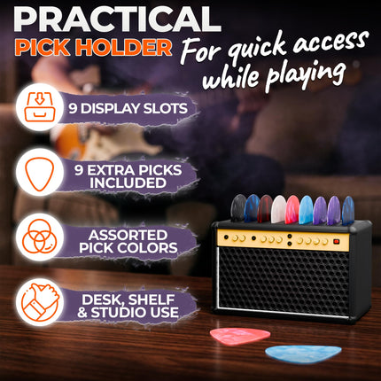 Guitar Pick Holder Box With Drawer, Amp Display, Black, 9 Slots