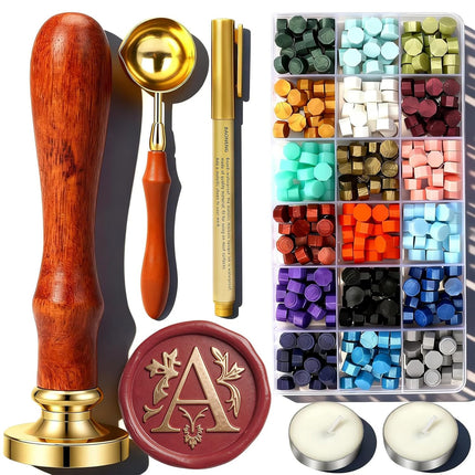 A Wax Seal Stamp Kit, TEKGERLU 360 PCS 18 Colors Wax Beads, Copper A Letter Stamp with Solid Wood Handle, Full Tools for Wedding Invitations, Envelope Sealing