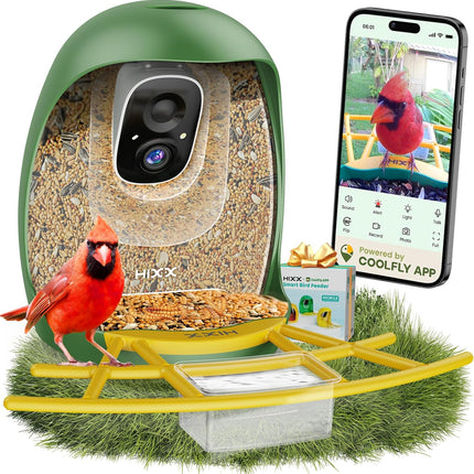 HIXX Smart Bird Feeder with Camera, AI Identify Birds & Auto Capture, 2K HD Live Camera Birdwatching with Color Night Vision for Bird Lovers Gifts (Green)