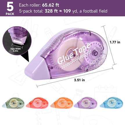 65.62 ft Extra-Long Glue Tape, 0.31 in Wide Scrapbook Tape, 5-Pack, Photo-Safe Acid-Free Double Sided Tape for Crafts, Scrapbook and Junk Journal Supplies (Multicolor)
