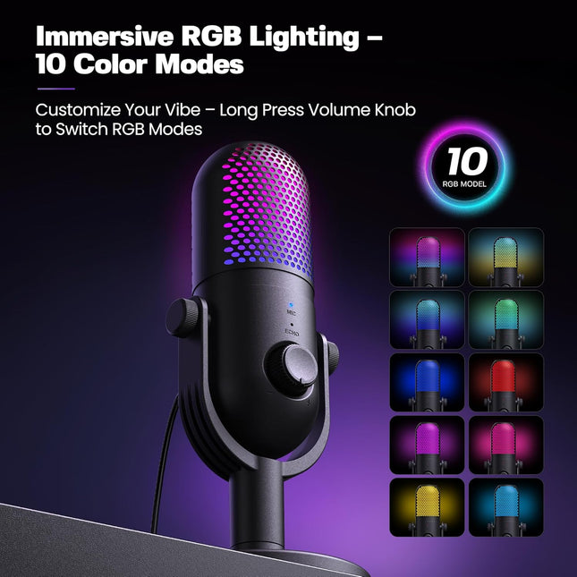USB Microphone for PC Gaming: Condenser Microphone RGB for Gamer with Stand Mic - Recording Mic for - photo 2