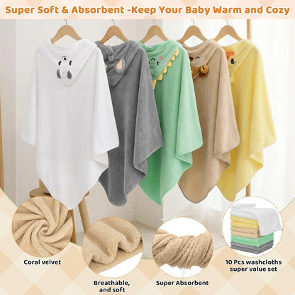 15-Piece Baby Bath Towels Set with Animal Hooded Towels and Washcloths - photo 4